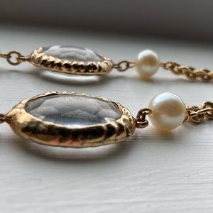 Crystal, pearl and gold necklace.  Can be worn as is or doubled.